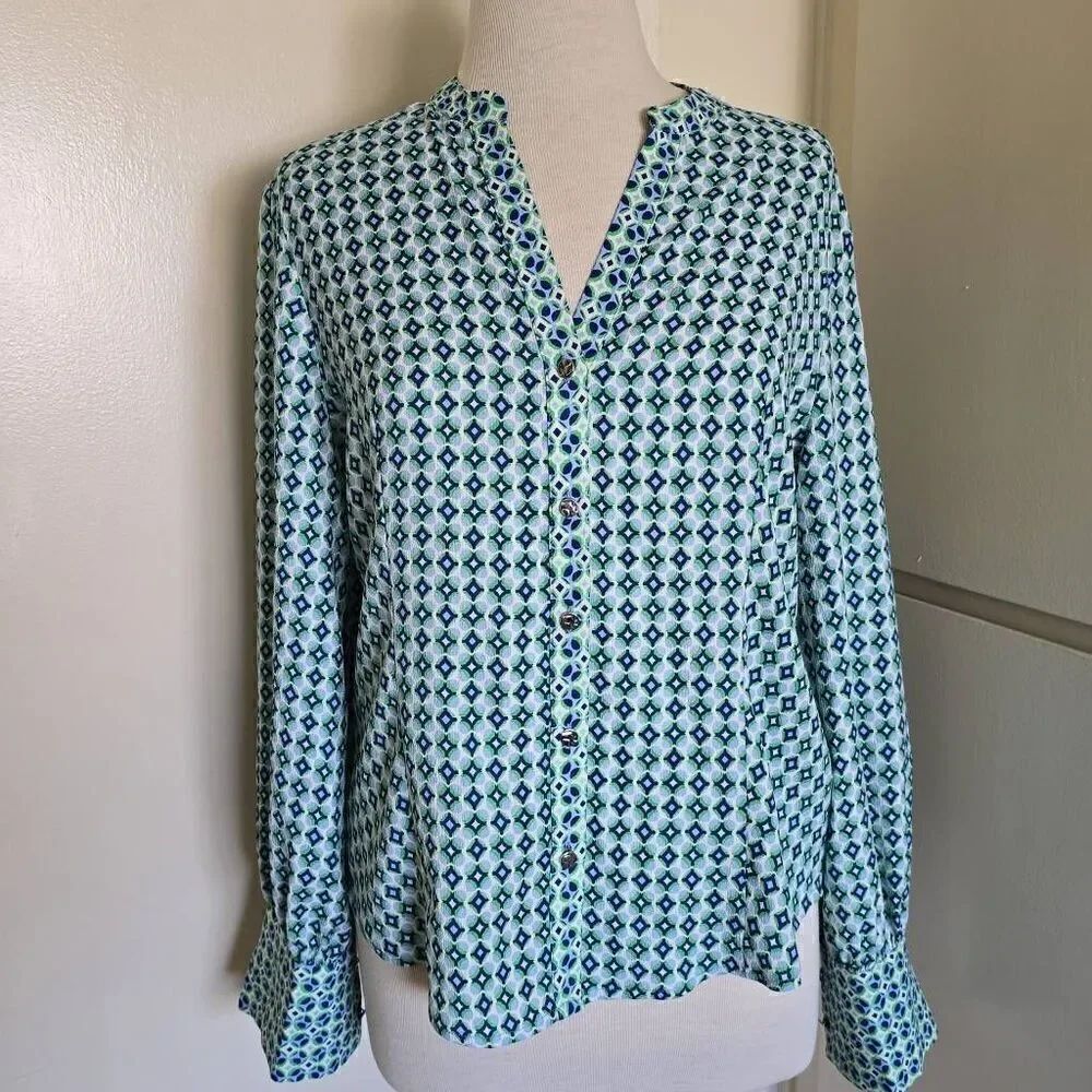 Carolina Belle Montreal Geometric Print Blouse, Blue, Green, White, NWOT, sz. M